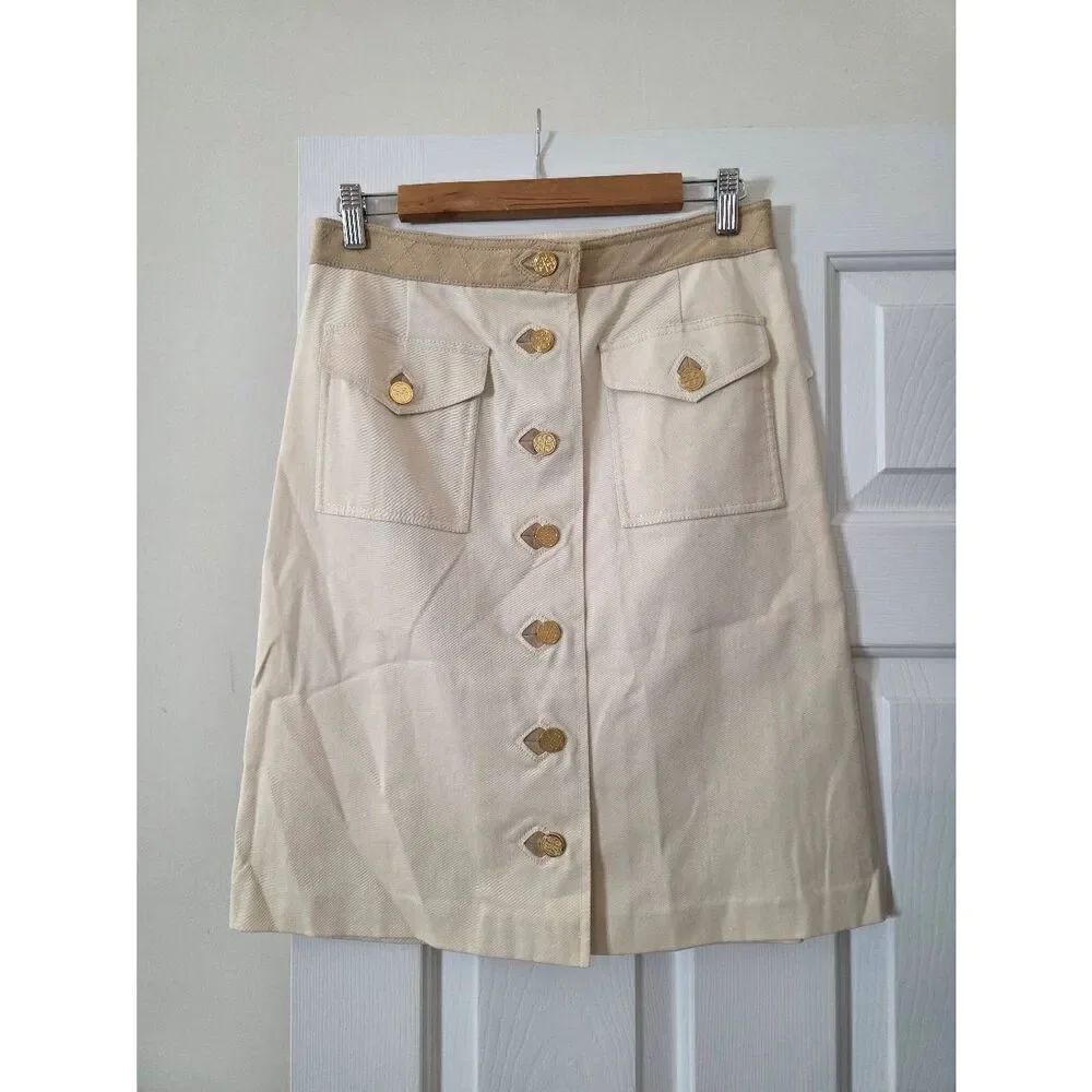 Tory Burch Pencil Skirt Cream Logo Button Front Cargo Pocket NWT $265 Sz 6